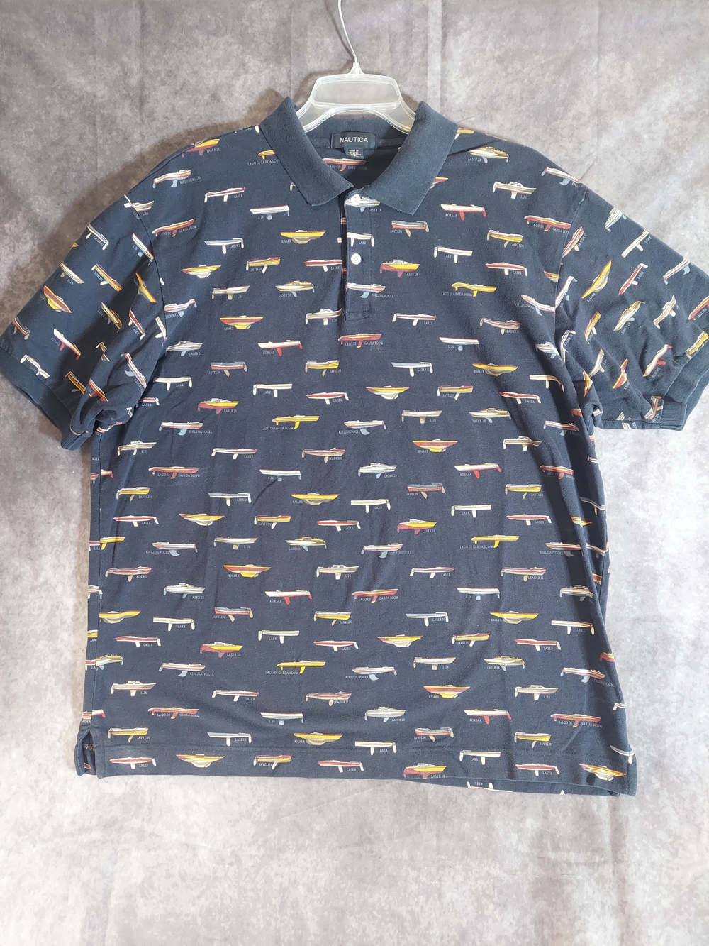 Vintage Nautica Mens XXL Navy All-Over Sailboat Print Cotton Polo Made in Canada